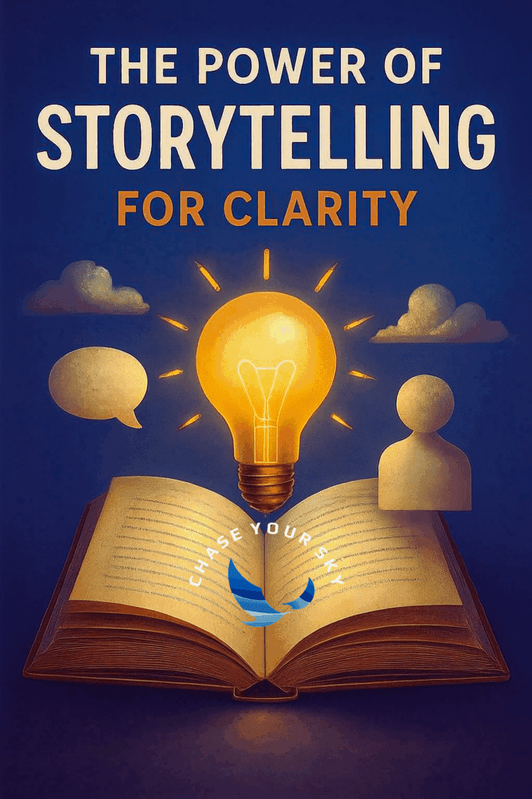 Illustration of an open book and glowing light bulb symbolizing storytelling and clarity — representing how storytelling transforms complexity into connection and meaning in communication and branding.