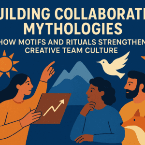 Illustration of a creative team collaborating with symbolic motifs like the sun, mountains, stars, and a bird, representing how shared rituals and storytelling strengthen team culture.