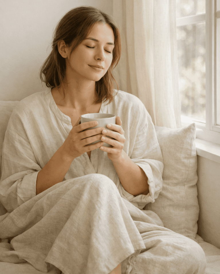 A woman sitting peacefully by a sunlit window, eyes closed, holding a warm cup — representing calm energy and gentle self-care.