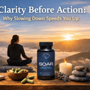 SOAR adaptogenic supplement supporting clarity before action, displayed in a calming wellness setting at sunrise.