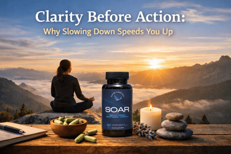 SOAR adaptogenic supplement supporting clarity before action, displayed in a calming wellness setting at sunrise.