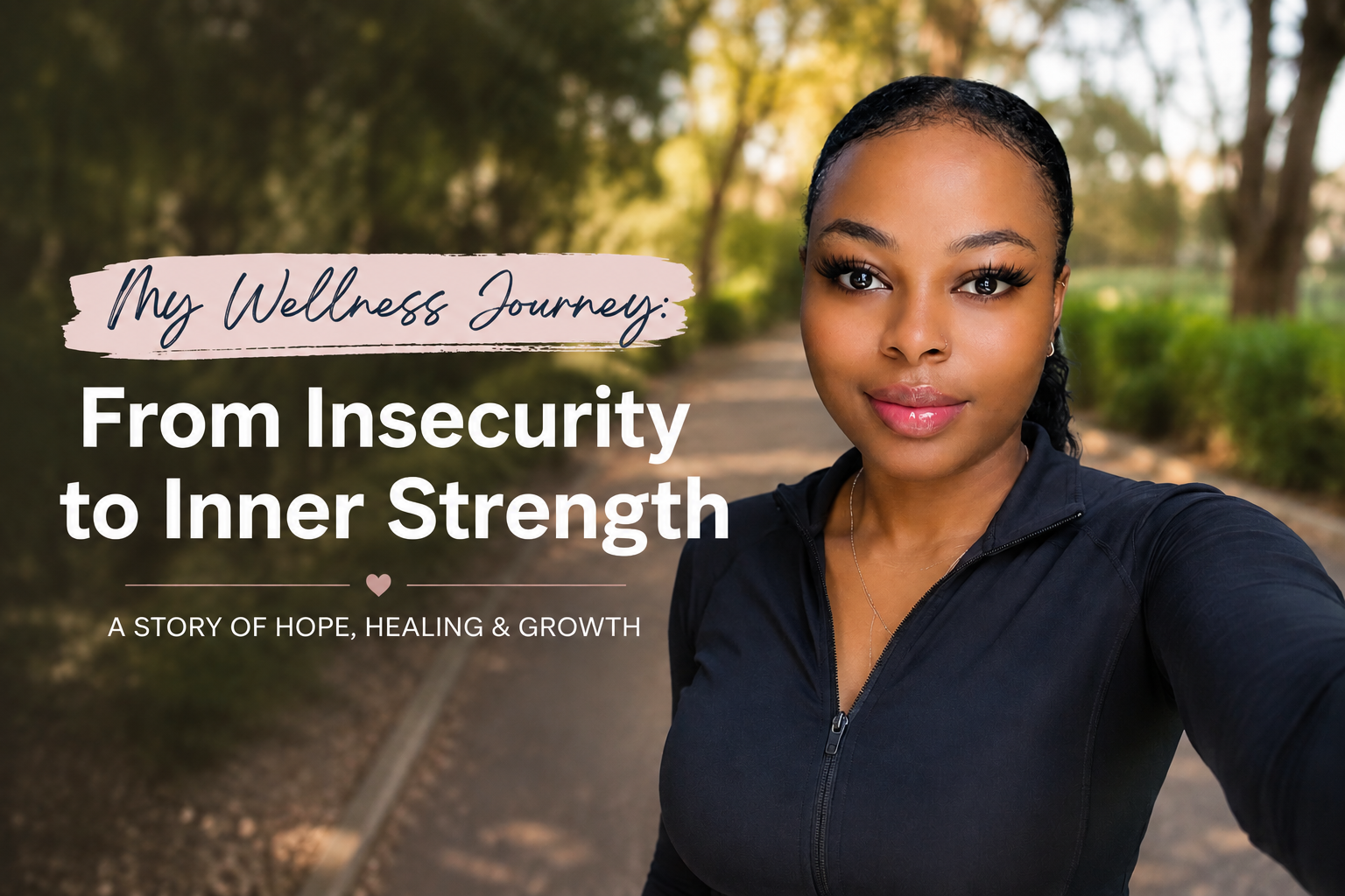 Woman standing on a tree-lined path representing wellness and inner strength